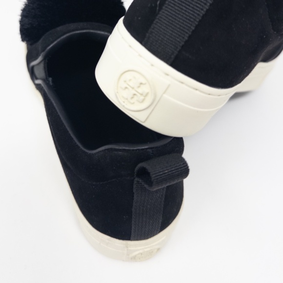 Tory Burch Pom Pom Sneaker Silk Perfect Black White Suede Women Size 6.5 - Picture 6 of 8